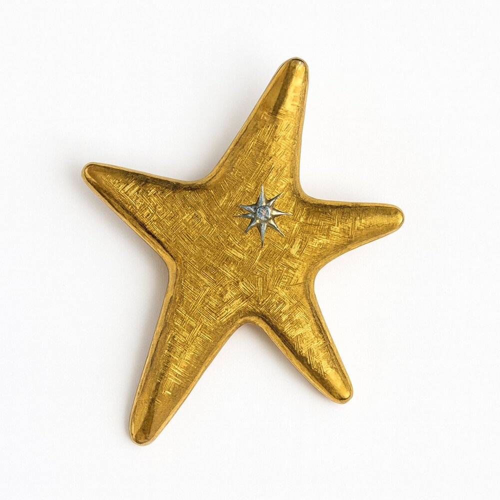 Rare Vintage DeNicola Starfish Brooch 10K Gold Plated with Rhinestone‎ Accent